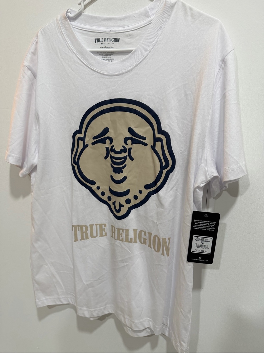 True Religion White Short-Sleeve Tee with Beige and Navy Graphic